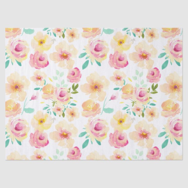 Papier Mousseline Fleurs Aquarelle Jaune Jolie Rose (Recto)