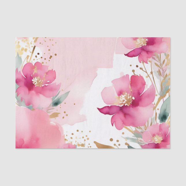 Papier Mousseline Fleurs Aquarelles Roses Douces Avec Or (Recto)