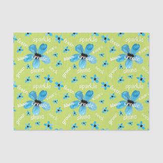 Papier Mousseline Fleurs aquarelles vertes et bleues avec affirmatio