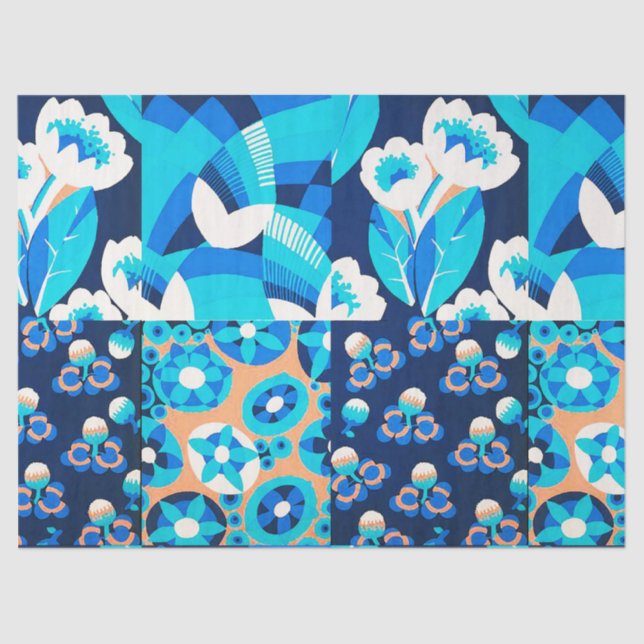 PAPIER MOUSSELINE FLEURS BLANCHES HAWAII BLEU BOLD FLORAL PATCHWORK (Recto)