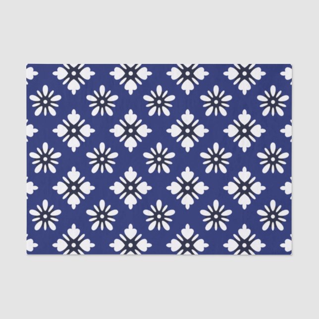 Papier Mousseline Fleurs blanches Katazome sur indigo (Recto)