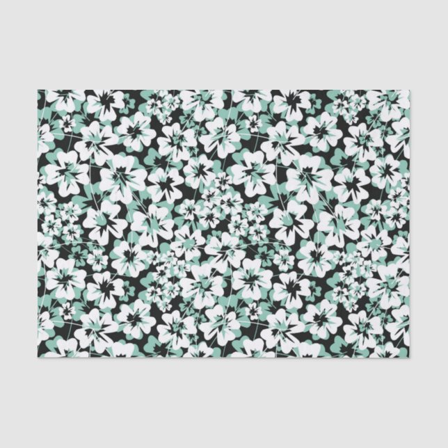 Papier Mousseline Fleurs blanches, turquoise sur le noir. (Recto)