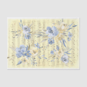 Papier Mousseline fleurs bleu jaune   ancienne feuille de musique