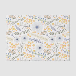 Papier Mousseline Fleurs Bleu Jaune Motif botanique