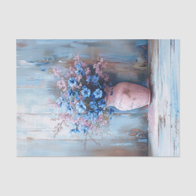 Papier Mousseline Fleurs bleues dans un vase rose Shabby Découpage (Recto)