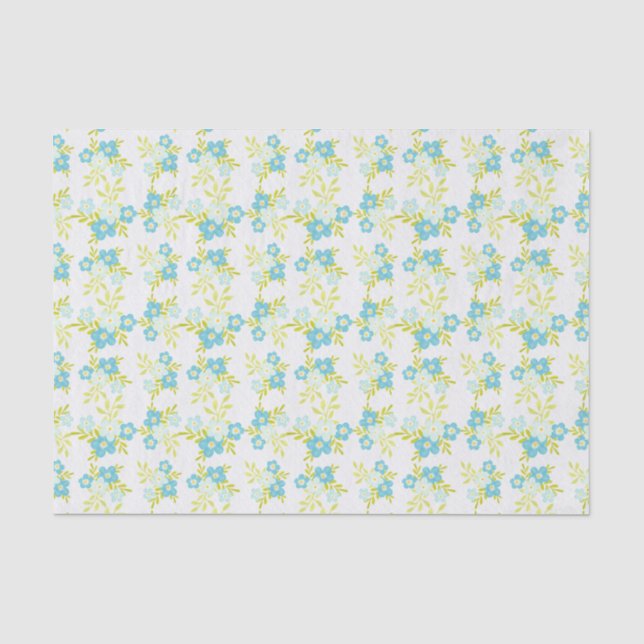 Papier Mousseline Fleurs bleues délicates Feuilles verts sur blanc (Recto)