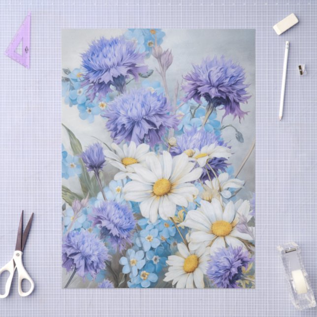 Papier Mousseline Fleurs bleues et marguerites éthérées Découpage (Artisanat)