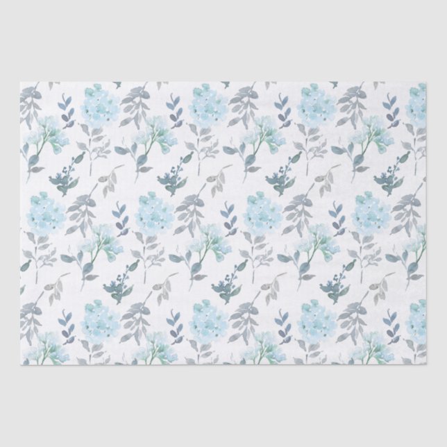Papier Mousseline Fleurs bleues poussiéreuses et argentées | Aquarel (Recto)