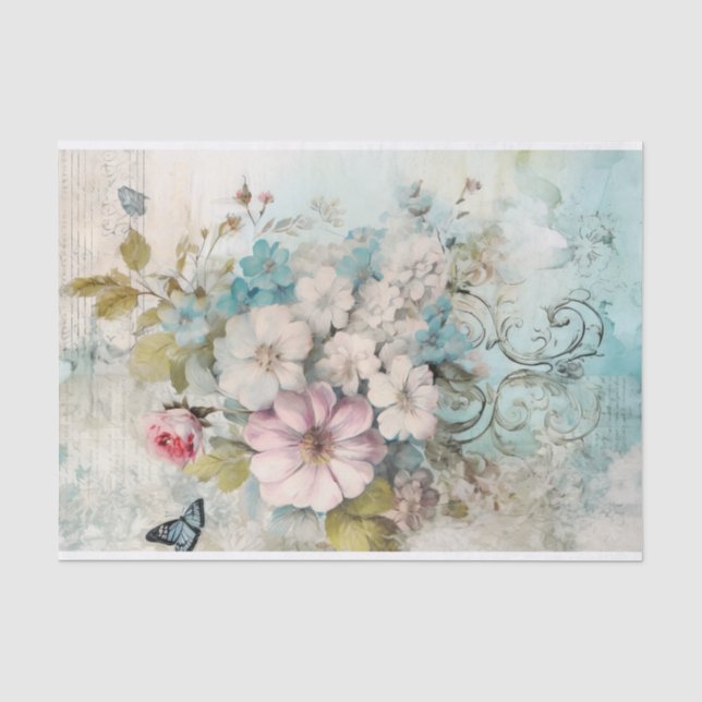 Papier Mousseline Fleurs bleues, roses et blanches en mélange de tec (Recto)