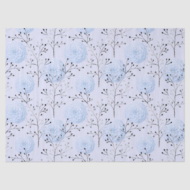 Papier Mousseline Fleurs bleues sur Découpage bleu clair (Recto)