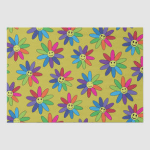 Papier Mousseline Fleurs colorées rétro avec motif de visages heureu