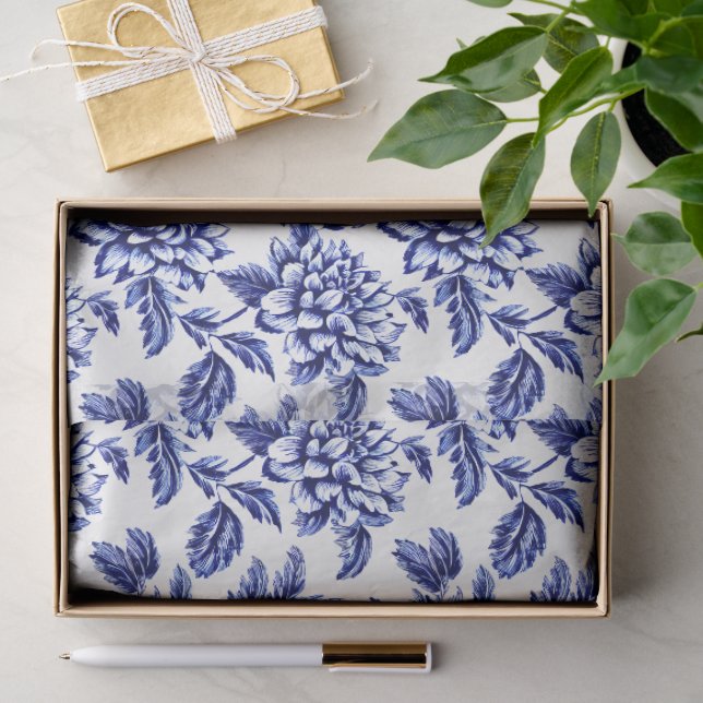 Papier Mousseline Fleurs Dahlia Bleues et Blanches Toile de Jouy (Cadeau)