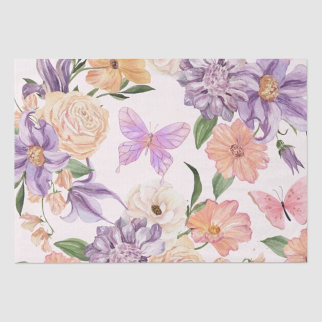 Papier Mousseline Fleurs d'aquarelle et découpage de papillons (Recto)