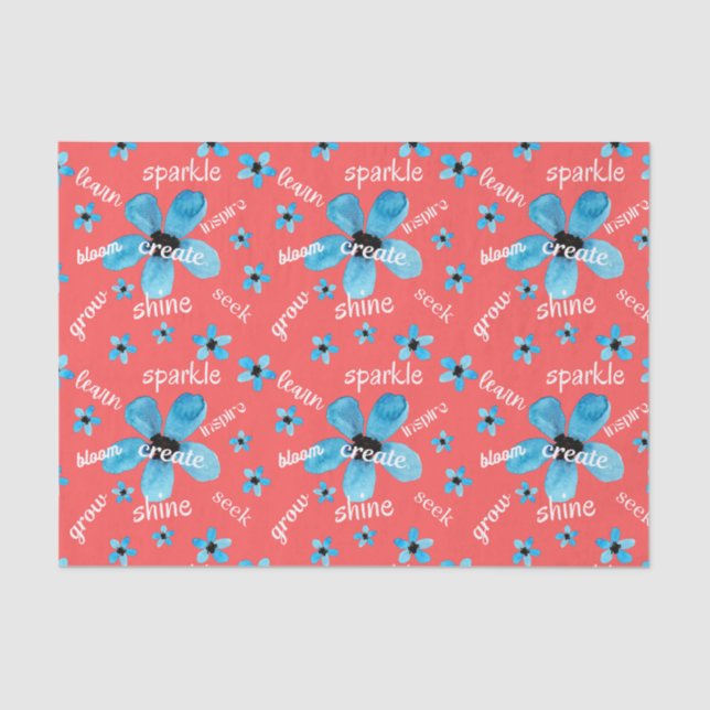 Papier Mousseline Fleurs d'aquarelle rouge et bleu avec Affirmations (Recto)