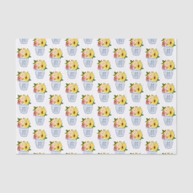 Papier Mousseline Fleurs D'Automne Chic Pays En Vase Bleu & Blanc (Recto)