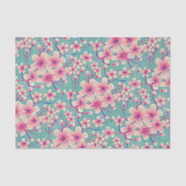 Papier Mousseline Fleurs de cerisier printemps vert (Recto)