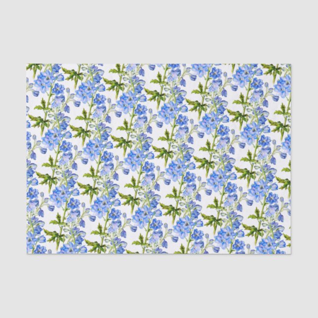 Papier Mousseline Fleurs de delphinium bleu sur blanc (Recto)