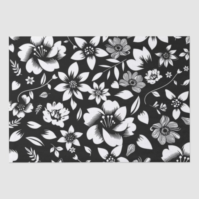 Papier Mousseline Fleurs de feuilles florales modernes noir blanc qu (Recto)