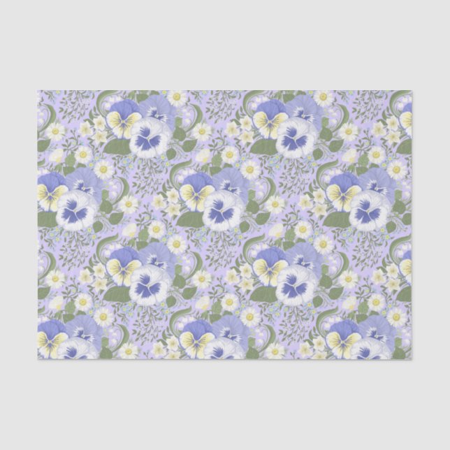 Papier Mousseline Fleurs de jardin printanier sur lavande (Recto)