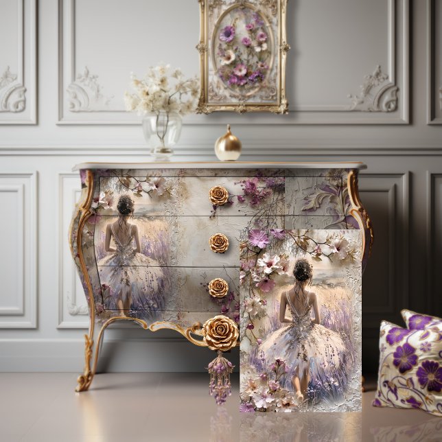 Papier Mousseline Fleurs de lavande, dos de Ballerina, Imaginaire (Lavender Blooms, Ballerina and Floral, Romantic, Shabby Chic, Furniture Decoupage Tissue Paper.)