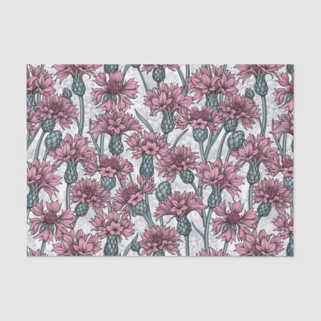Papier Mousseline Fleurs de maïs roses, fleurs sauvages sur blanc (Recto)
