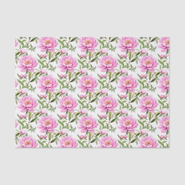 Papier Mousseline Fleurs de pivoines roses avec Feuilles verts Sage (Recto)