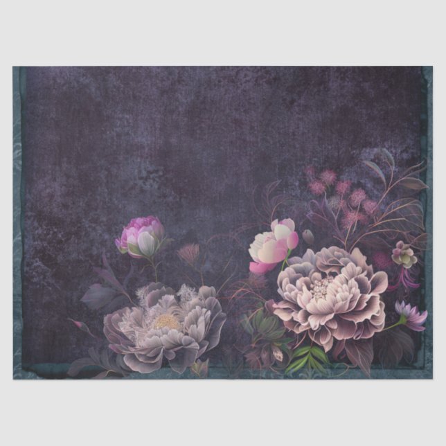 Papier Mousseline Fleurs de pivoines sur Découpage violet foncé (Recto)