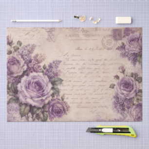 Papier Mousseline Fleurs de roses violettes anciennes lettre manuscr