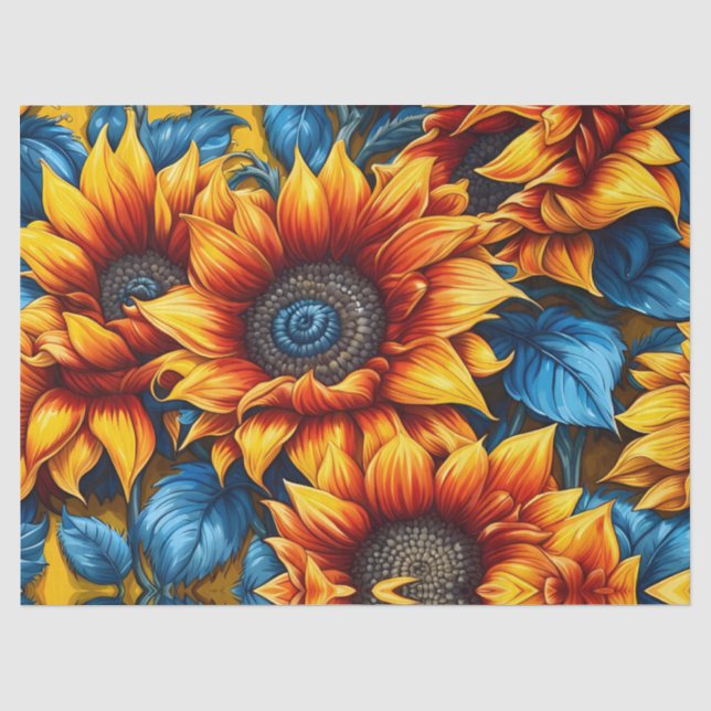 Papier Mousseline Fleurs de soleil jaune rouge et bleu (Recto)
