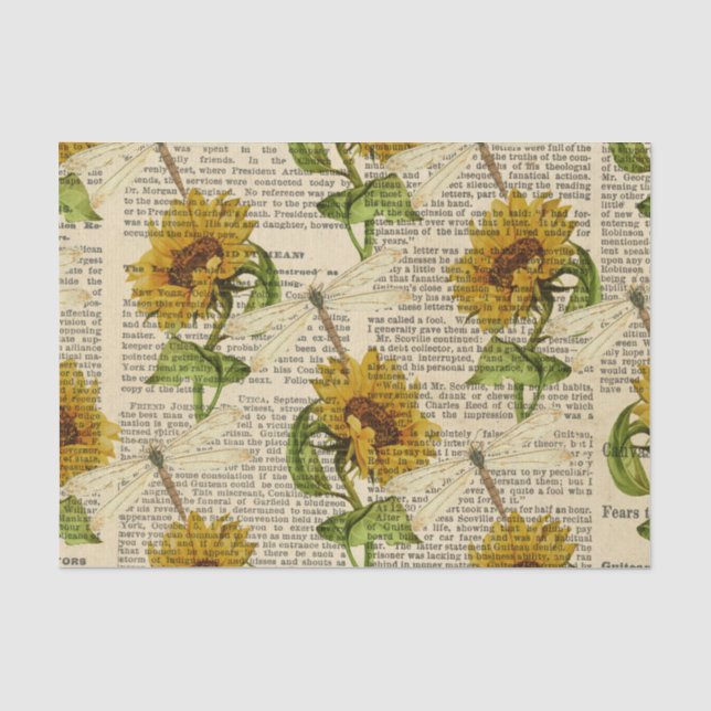 Papier Mousseline Fleurs de soleil libellules vieux journal style pa (Recto)