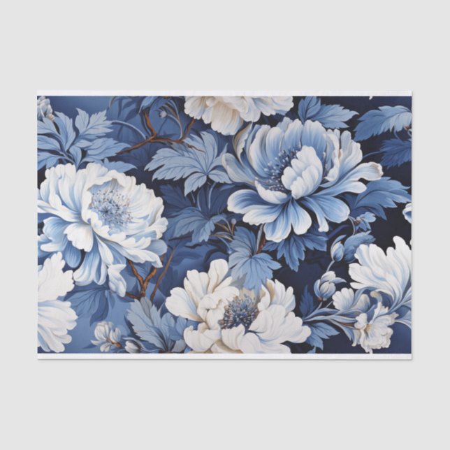 Papier Mousseline Fleurs de Toile de Jouy en bleu sur vieilles (Recto)