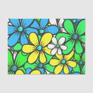 Papier Mousseline Fleurs d'été assez brillantes Bleu Jaune et Vert