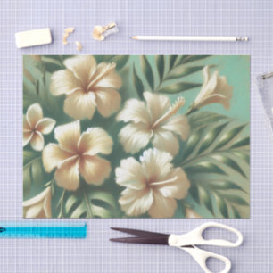 Papier Mousseline Fleurs d'Hibiscus blanc Découpage tropicale verte