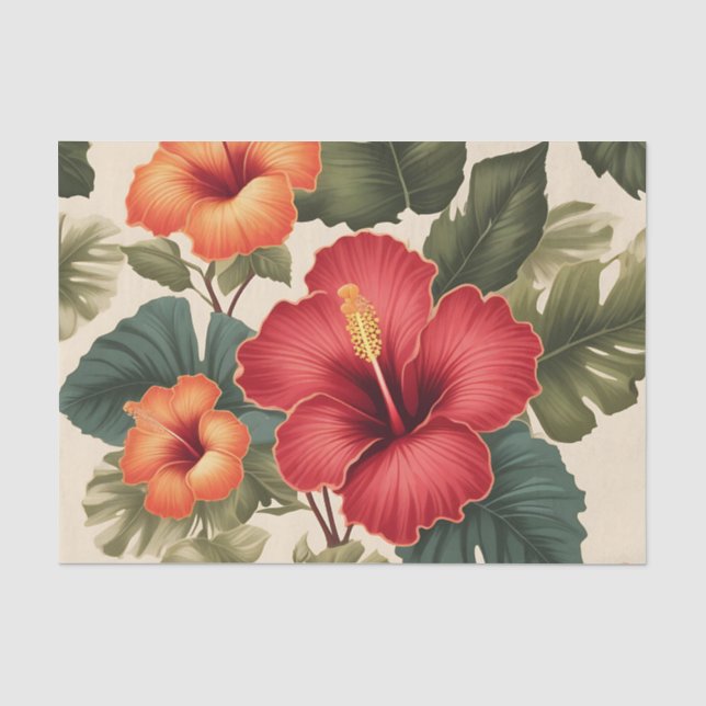 Papier Mousseline Fleurs d'Hibiscus Tropiques Rétro (Recto)