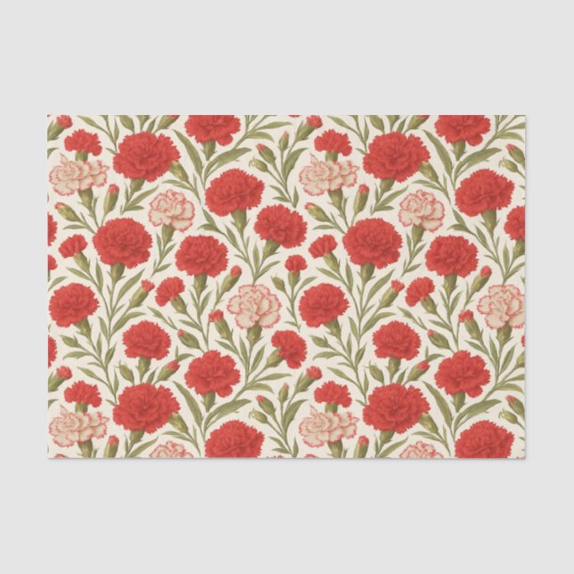 Papier Mousseline Fleurs d'oeillets rouges botaniques (Recto)