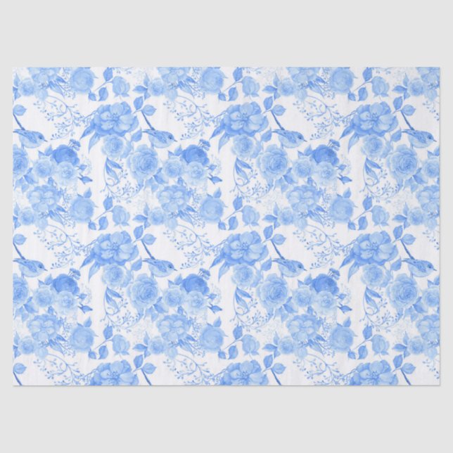 Papier Mousseline fleurs d'oiseaux bleus motif Mariage (Recto)