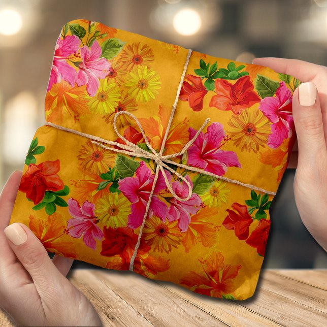 Papier Mousseline Fleurs élégantes sur fond orange (Créateur téléchargé)