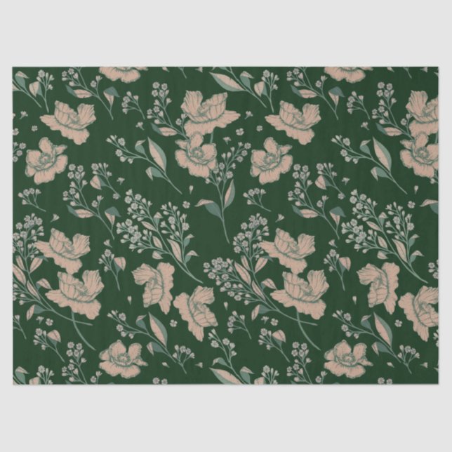 Papier Mousseline Fleurs encastrées Hunter et Coral (Recto)