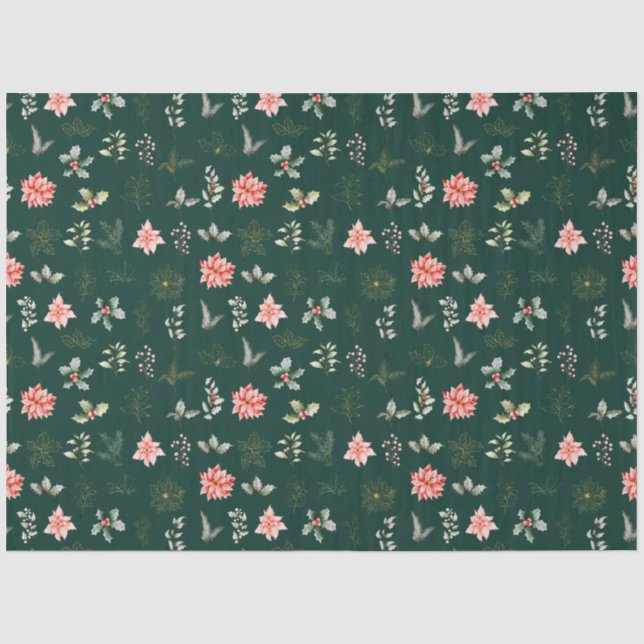 Papier Mousseline Fleurs et feuillage rouge Poinsettia sur Vert fonc (Recto)