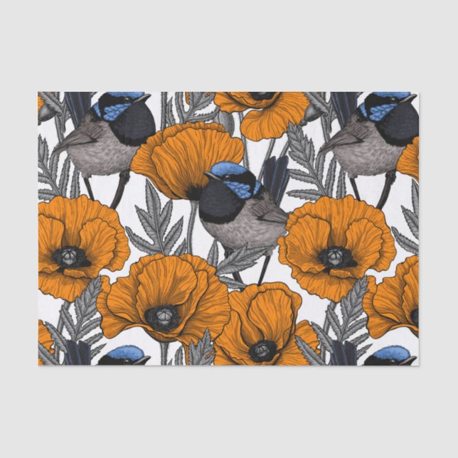 Papier Mousseline Fleurs et fleurs de pavot orangé 2 (Recto)