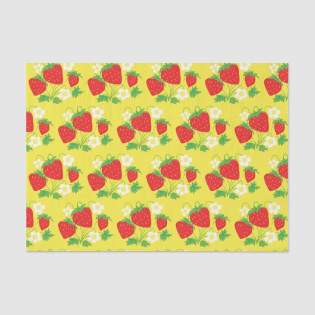Papier Mousseline Fleurs et fraises Motif Jaune (Recto)