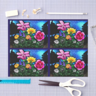 Papier Mousseline Fleurs Fantaisistes la Nuit Découpage