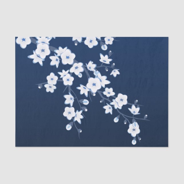 Papier Mousseline Fleurs florales de cerisier Bleu foncé Blanc (Recto)