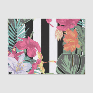 Papier Mousseline Fleurs Florales Tropicales Feuilles Rayures Noir B