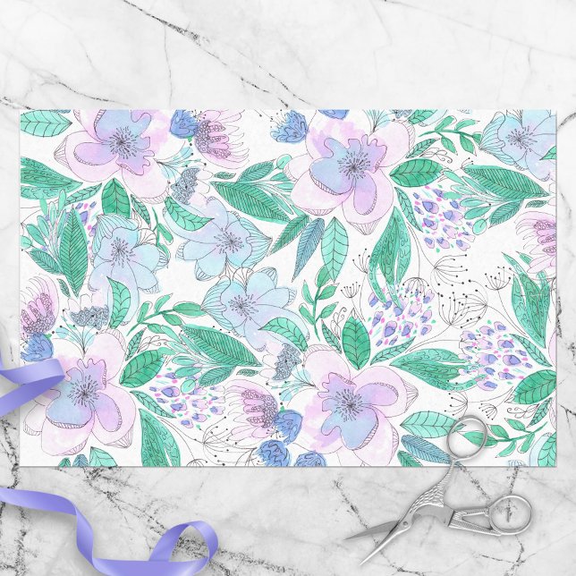 Papier Mousseline Fleurs florissantes violettes roses et Feuilles ve (Créateur téléchargé)
