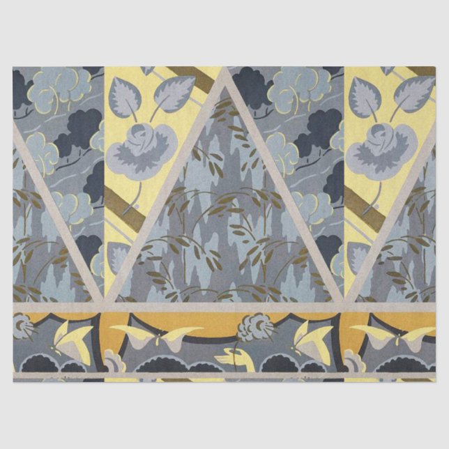 PAPIER MOUSSELINE FLEURS GRIS JAUNES BLEU, BOUTTERFLIES FLEURIES (Recto)