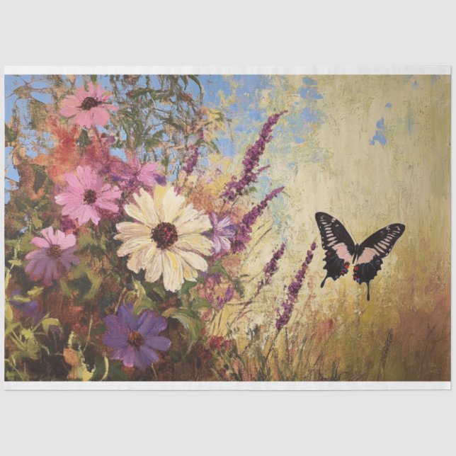 Papier Mousseline Fleurs impressionnistes et découpage papillon (Recto)