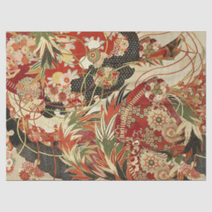 Papier Mousseline FLEURS JAPONAISES ANCIENNES Rouge Vert Noir Floral
