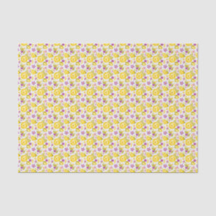 Papier Mousseline Fleurs jaunes et violettes Feuilles vertes sur fon