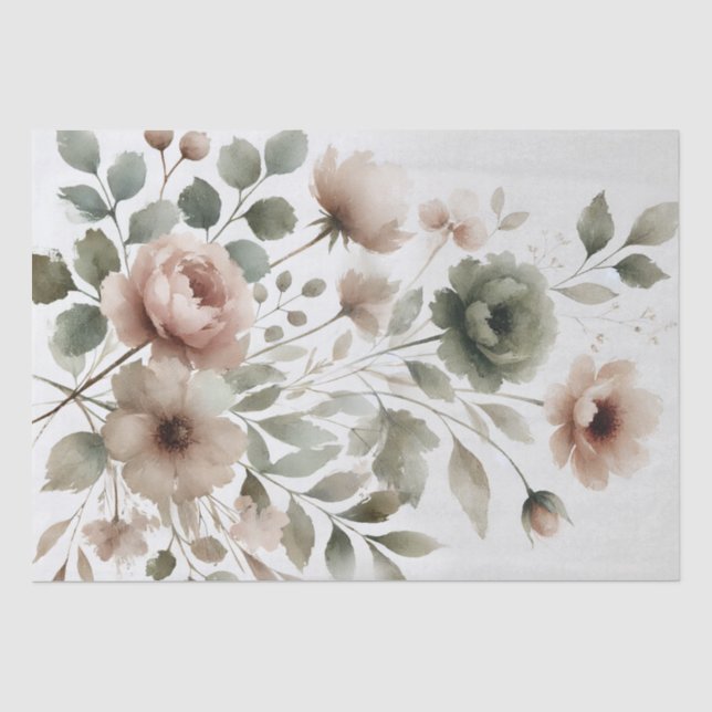 Papier Mousseline Fleurs modernes aquarelles olive poussiéreuse et r (Recto)
